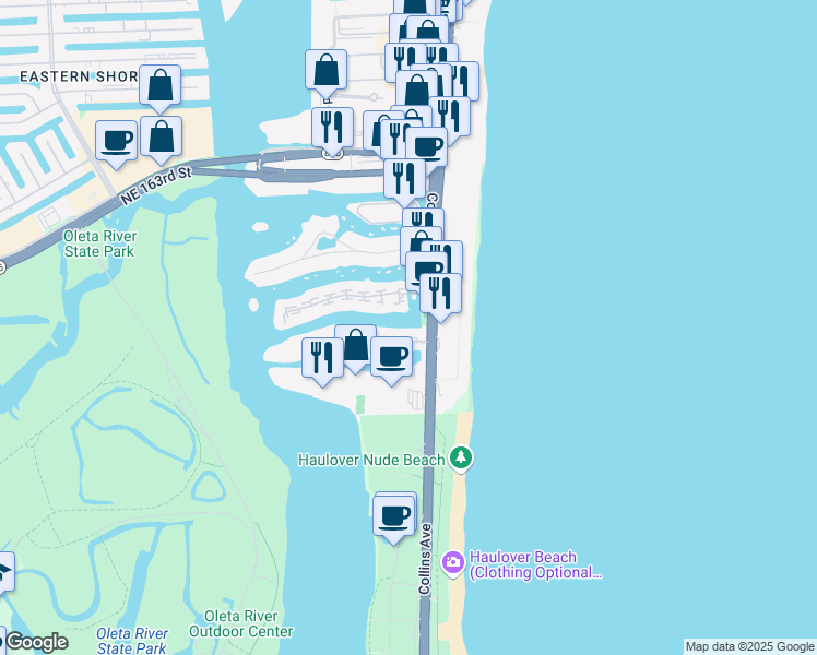 map of restaurants, bars, coffee shops, grocery stores, and more near 100 Kings Point Drive in Sunny Isles Beach