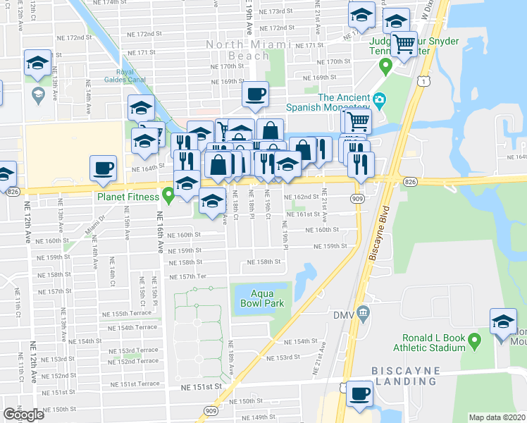 map of restaurants, bars, coffee shops, grocery stores, and more near 16120 Northeast 19th Court in North Miami Beach