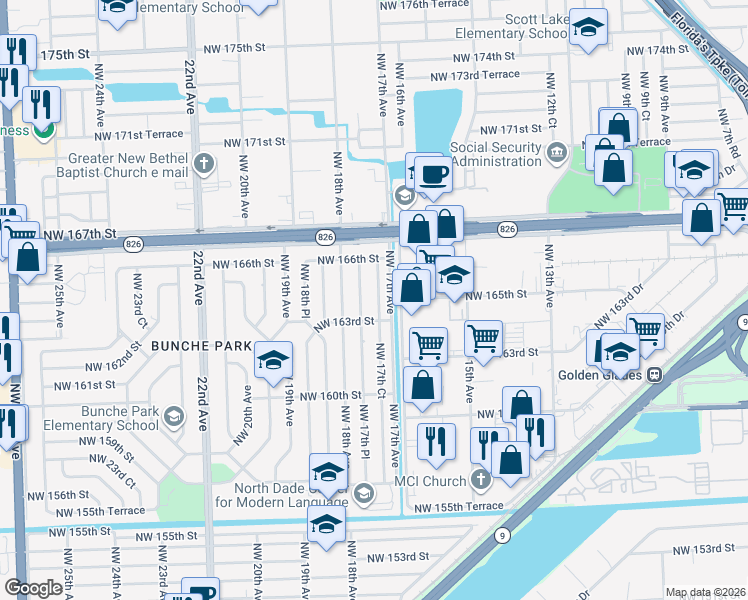 map of restaurants, bars, coffee shops, grocery stores, and more near 16400 Northwest 17th Court in Opa-locka