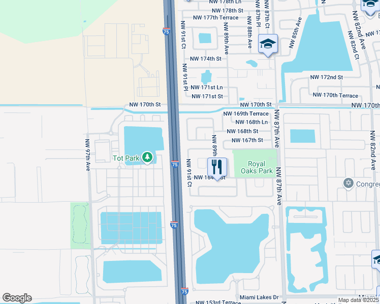 map of restaurants, bars, coffee shops, grocery stores, and more near 9130 Northwest 166th Terrace in Miami Lakes