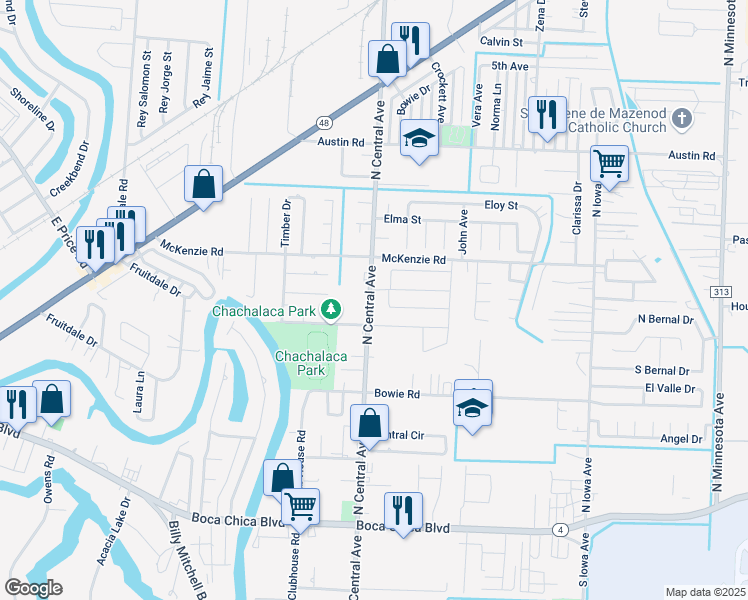 map of restaurants, bars, coffee shops, grocery stores, and more near 672 North Central Avenue in Brownsville