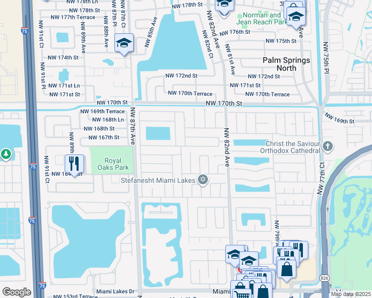 map of restaurants, bars, coffee shops, grocery stores, and more near 8380 Northwest 166th Terrace in Miami Lakes