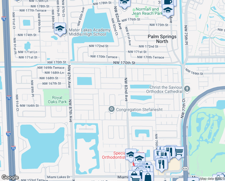 map of restaurants, bars, coffee shops, grocery stores, and more near 8310 Northwest 166th Terrace in Hialeah