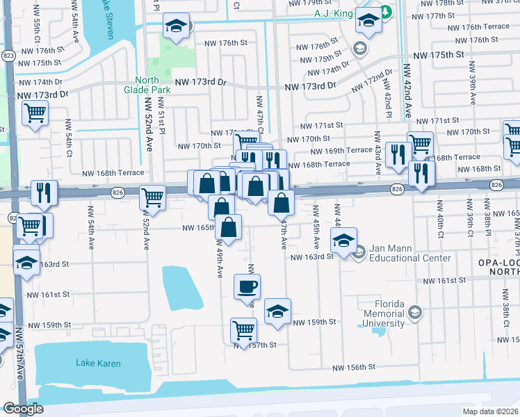 map of restaurants, bars, coffee shops, grocery stores, and more near 4788 Northwest 167th Street in Miami Lakes