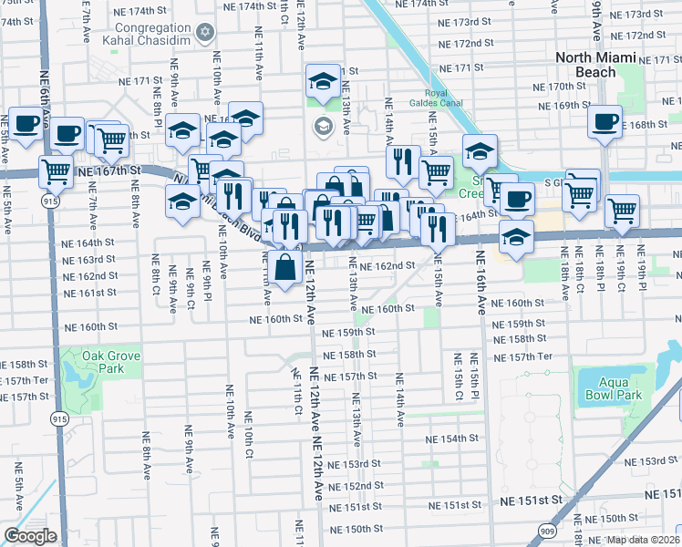map of restaurants, bars, coffee shops, grocery stores, and more near 1250 Northeast 162nd Street in North Miami Beach
