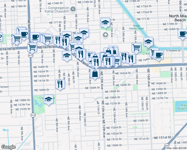 map of restaurants, bars, coffee shops, grocery stores, and more near 1091 Northeast 162nd Street in North Miami Beach