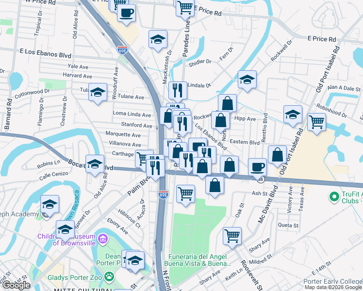 map of restaurants, bars, coffee shops, grocery stores, and more near 205 Paredes Line Road in Brownsville