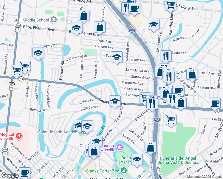 map of restaurants, bars, coffee shops, grocery stores, and more near 123 Highland Drive in Brownsville