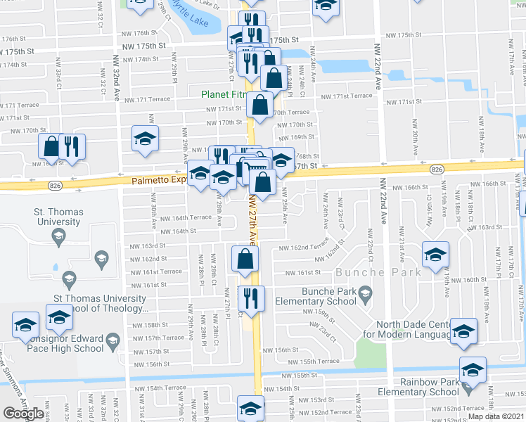 map of restaurants, bars, coffee shops, grocery stores, and more near 16505 Northwest 27th Avenue in Opa-locka