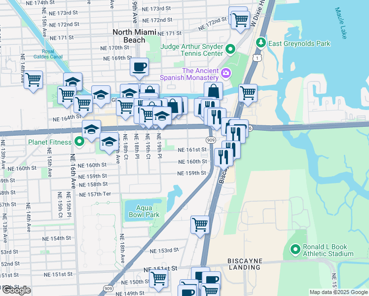 map of restaurants, bars, coffee shops, grocery stores, and more near 2067 Northeast 161st Street in North Miami Beach