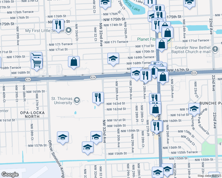 map of restaurants, bars, coffee shops, grocery stores, and more near 3030 Northwest 165th Street in Opa-locka