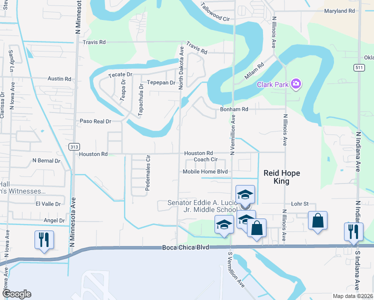 map of restaurants, bars, coffee shops, grocery stores, and more near 6401-6899 Houston Road in Brownsville