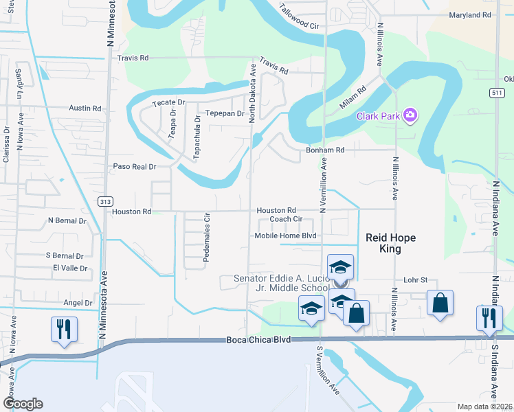 map of restaurants, bars, coffee shops, grocery stores, and more near 6401-6899 Houston Road in Brownsville