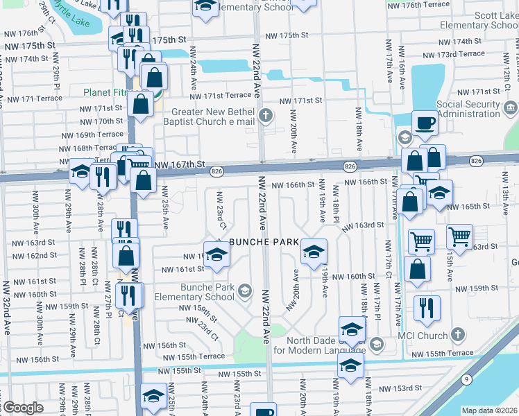 map of restaurants, bars, coffee shops, grocery stores, and more near 16435 Northwest 22nd Avenue in Opa-locka