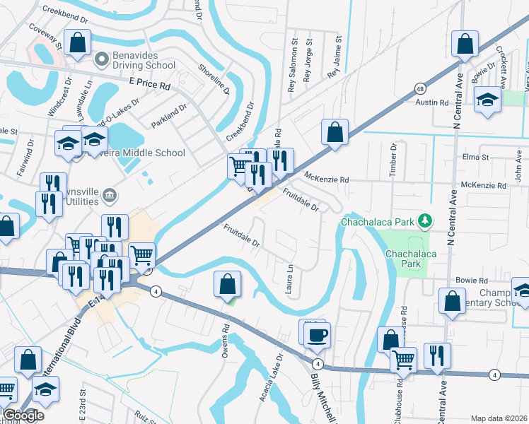 map of restaurants, bars, coffee shops, grocery stores, and more near 5140 Wilson Drive in Brownsville