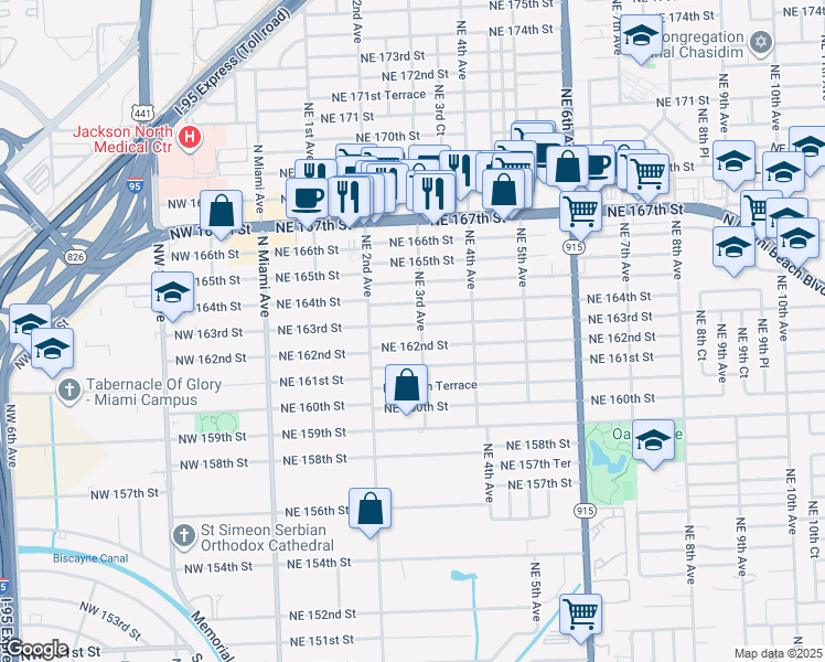 map of restaurants, bars, coffee shops, grocery stores, and more near 280 Northeast 163rd Street in North Miami Beach
