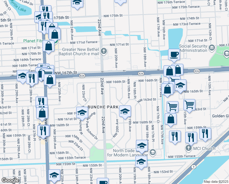 map of restaurants, bars, coffee shops, grocery stores, and more near 16430 Northwest 20th Avenue in Opa-locka