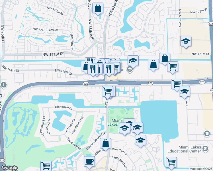 map of restaurants, bars, coffee shops, grocery stores, and more near NW 167th St & NW 67th Ave in Miami Lakes