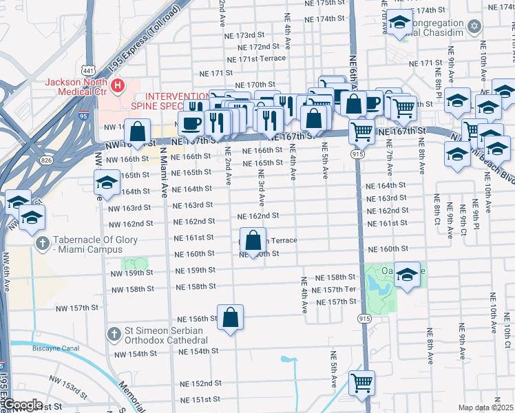 map of restaurants, bars, coffee shops, grocery stores, and more near 280 Northeast 163rd Street in North Miami Beach