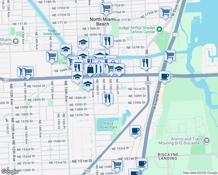 map of restaurants, bars, coffee shops, grocery stores, and more near 16120 Northeast 19th Court in North Miami Beach
