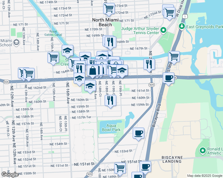 map of restaurants, bars, coffee shops, grocery stores, and more near 16120 Northeast 19th Court in North Miami Beach