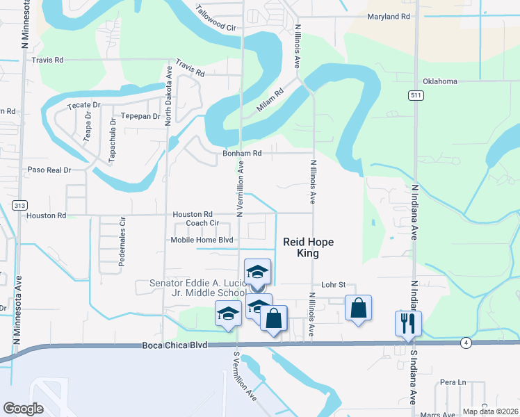 map of restaurants, bars, coffee shops, grocery stores, and more near 7224 Houston Road in Brownsville