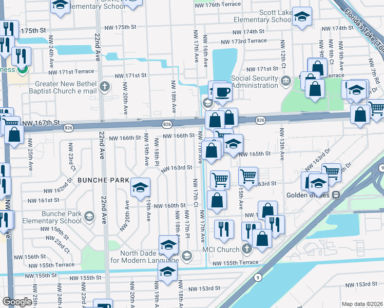 map of restaurants, bars, coffee shops, grocery stores, and more near 16400 Northwest 17th Court in Opa-locka