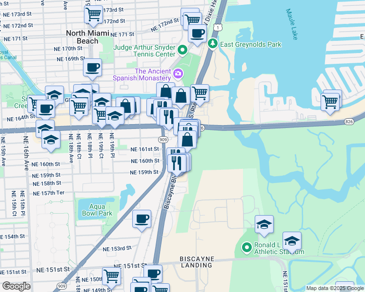 map of restaurants, bars, coffee shops, grocery stores, and more near 16117 Biscayne Boulevard in North Miami Beach
