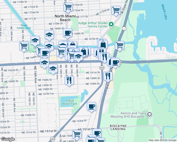 map of restaurants, bars, coffee shops, grocery stores, and more near 2067 Northeast 161st Street in North Miami Beach