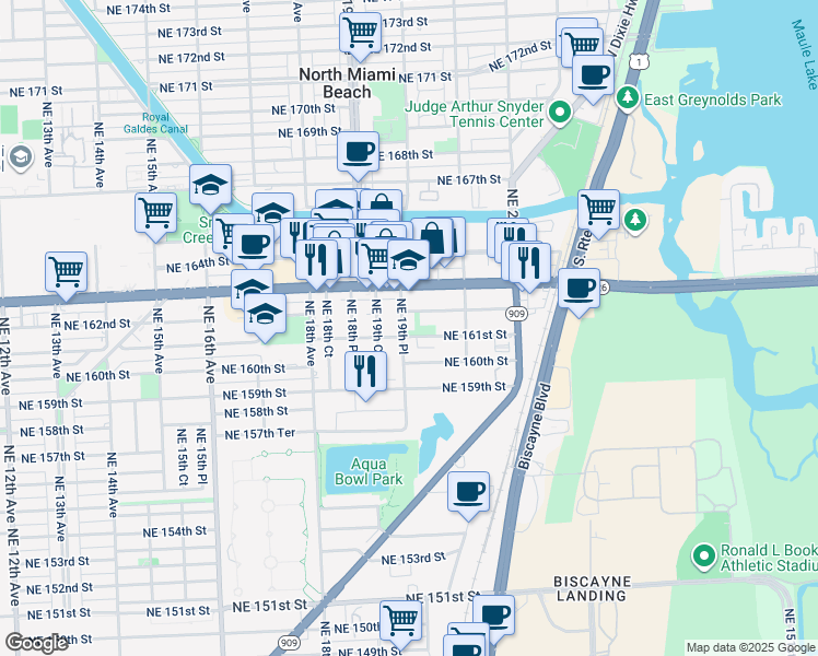 map of restaurants, bars, coffee shops, grocery stores, and more near 16121 Northeast 19th Place in North Miami Beach