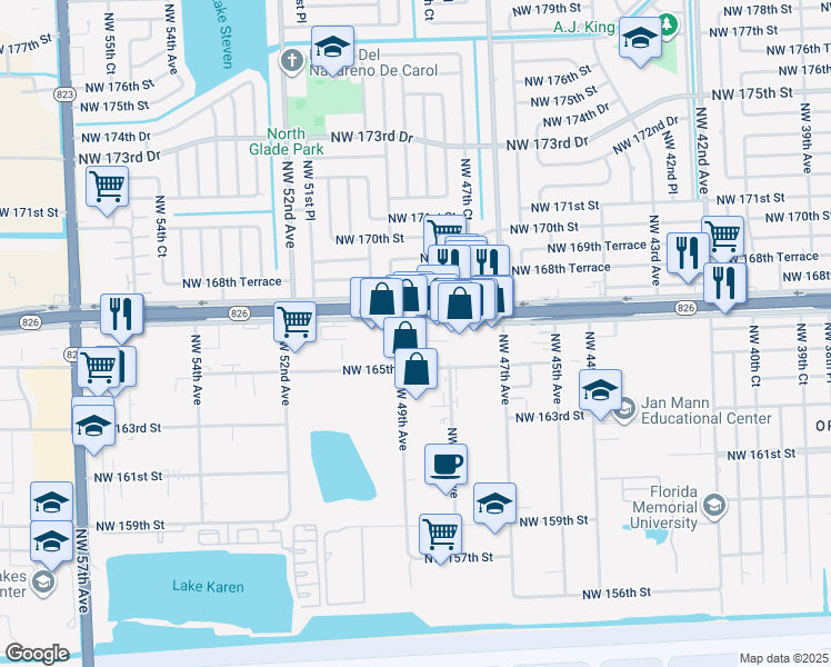 map of restaurants, bars, coffee shops, grocery stores, and more near 4850 Northwest 167th Street in Hialeah