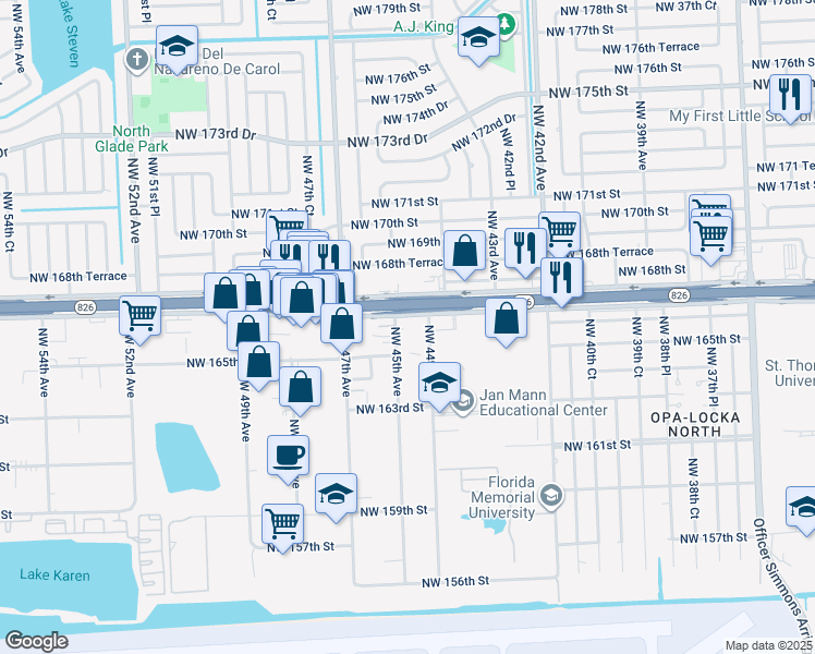 map of restaurants, bars, coffee shops, grocery stores, and more near 16603 Northwest 45th Avenue in Opa-locka