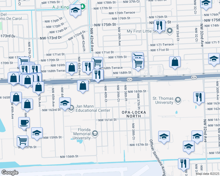 map of restaurants, bars, coffee shops, grocery stores, and more near 3980 Northwest 166th Street in Opa-locka