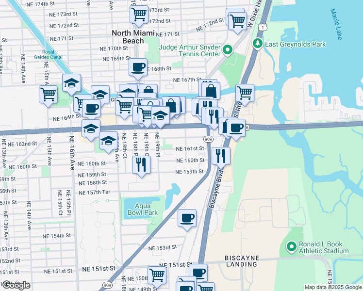 map of restaurants, bars, coffee shops, grocery stores, and more near 2067 Northeast 161st Street in North Miami Beach