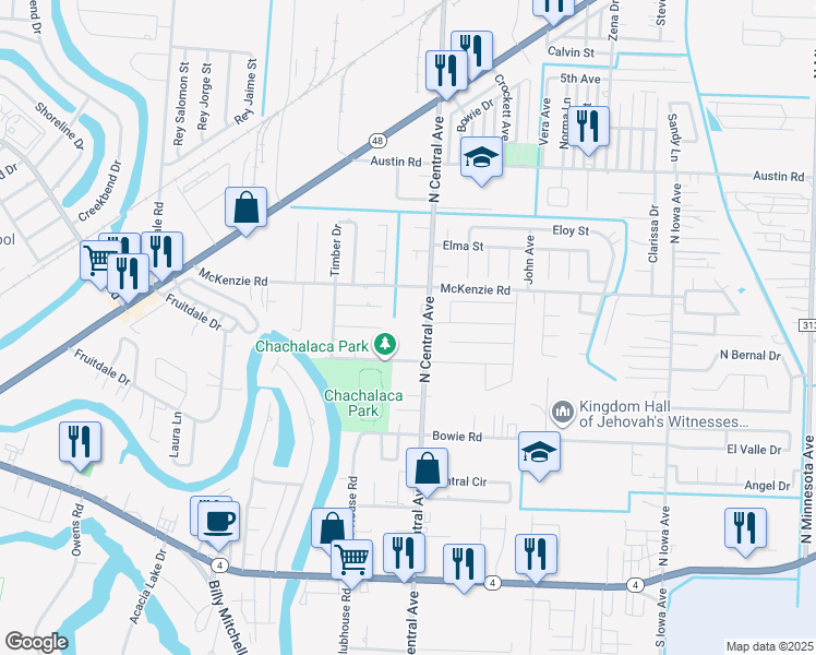 map of restaurants, bars, coffee shops, grocery stores, and more near 673 North Central Avenue in Brownsville