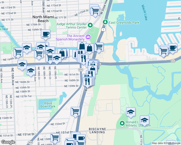 map of restaurants, bars, coffee shops, grocery stores, and more near 16117 Biscayne Boulevard in North Miami Beach