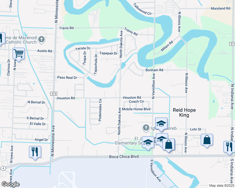 map of restaurants, bars, coffee shops, grocery stores, and more near 735 North Dakota Avenue in Brownsville