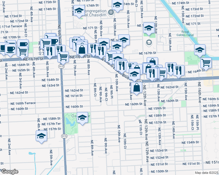 map of restaurants, bars, coffee shops, grocery stores, and more near 16234 Northeast 9th Place in North Miami Beach