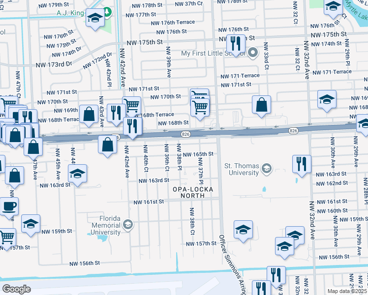 map of restaurants, bars, coffee shops, grocery stores, and more near 3880 Northwest 166th Street in Opa-locka