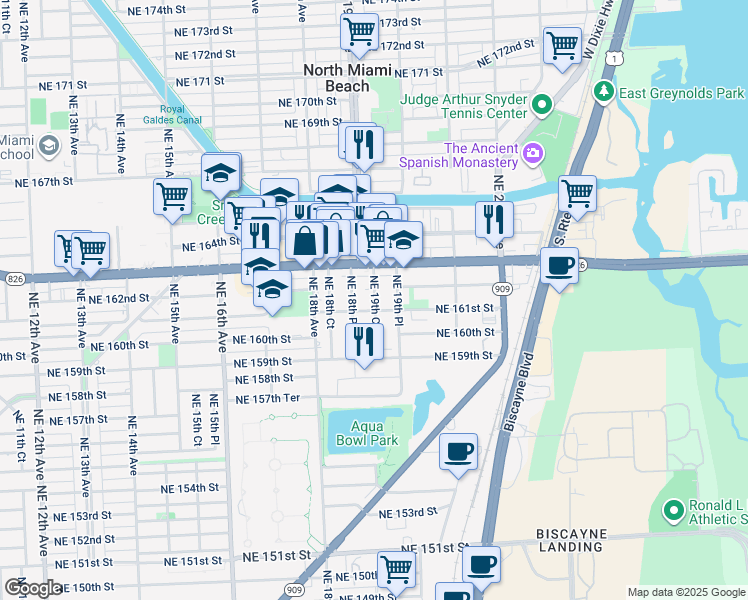 map of restaurants, bars, coffee shops, grocery stores, and more near 16120 Northeast 19th Court in North Miami Beach