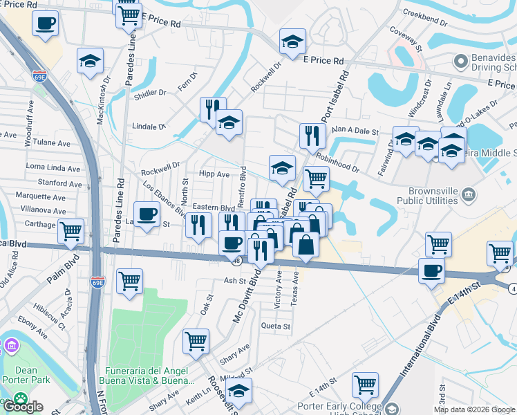 map of restaurants, bars, coffee shops, grocery stores, and more near 2625 Eastern Boulevard in Brownsville