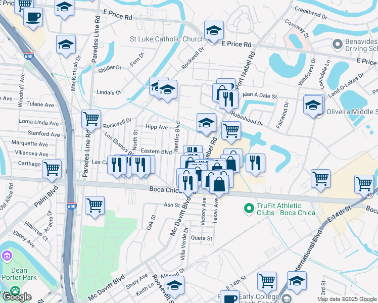 map of restaurants, bars, coffee shops, grocery stores, and more near 2625 Eastern Boulevard in Brownsville