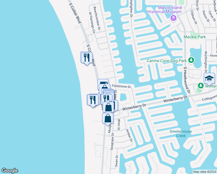 map of restaurants, bars, coffee shops, grocery stores, and more near 965 Fieldstone Drive in Marco Island