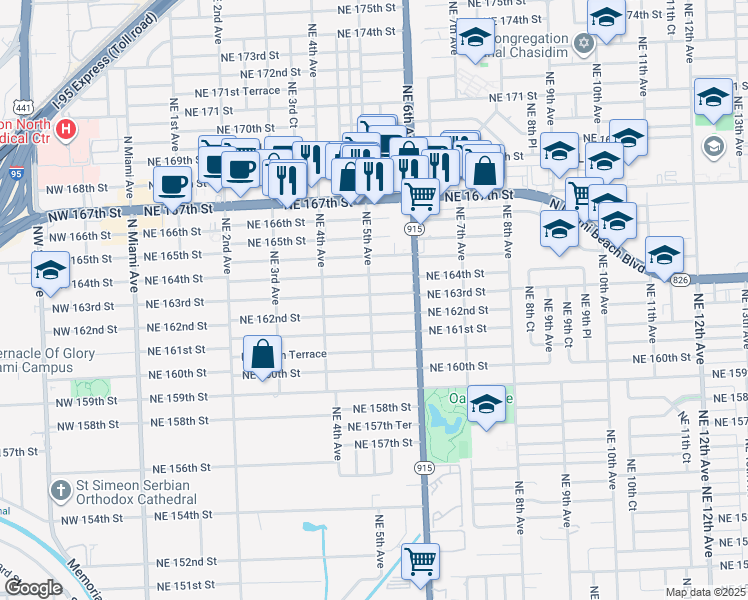 map of restaurants, bars, coffee shops, grocery stores, and more near 502 Northeast 163rd Street in North Miami Beach