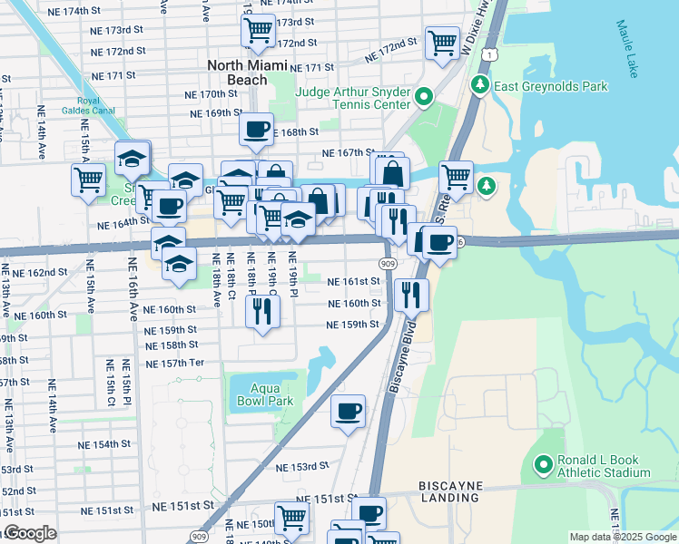 map of restaurants, bars, coffee shops, grocery stores, and more near 2067 Northeast 161st Street in North Miami Beach