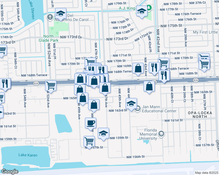map of restaurants, bars, coffee shops, grocery stores, and more near 4600 Northwest 167th Street in Miami Gardens