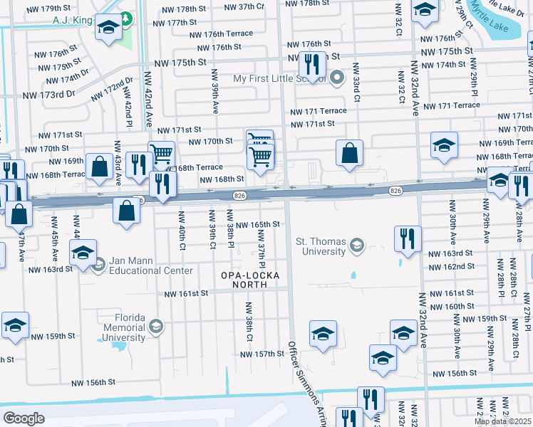 map of restaurants, bars, coffee shops, grocery stores, and more near 3760 Northwest 166th Street in Opa-locka