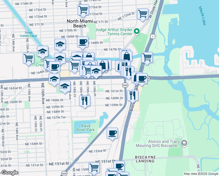 map of restaurants, bars, coffee shops, grocery stores, and more near 2067 Northeast 161st Street in North Miami Beach