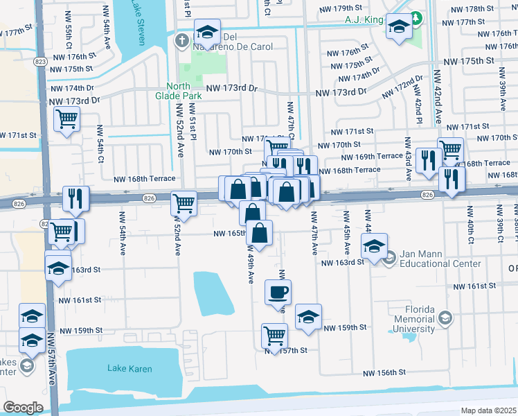 map of restaurants, bars, coffee shops, grocery stores, and more near 4850 Northwest 167th Street in Hialeah