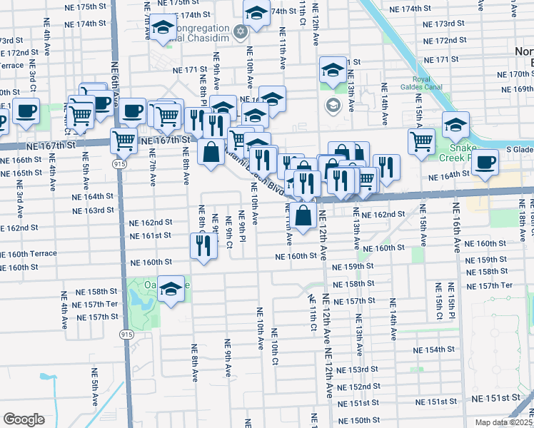 map of restaurants, bars, coffee shops, grocery stores, and more near 1041 Northeast 162nd Street in North Miami Beach